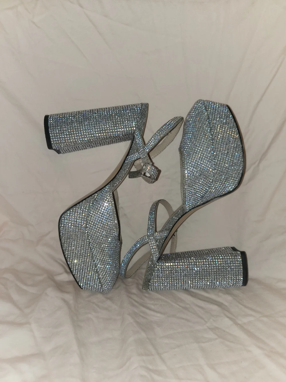 Silver Crystal Platform Block Heel Sandals - Women